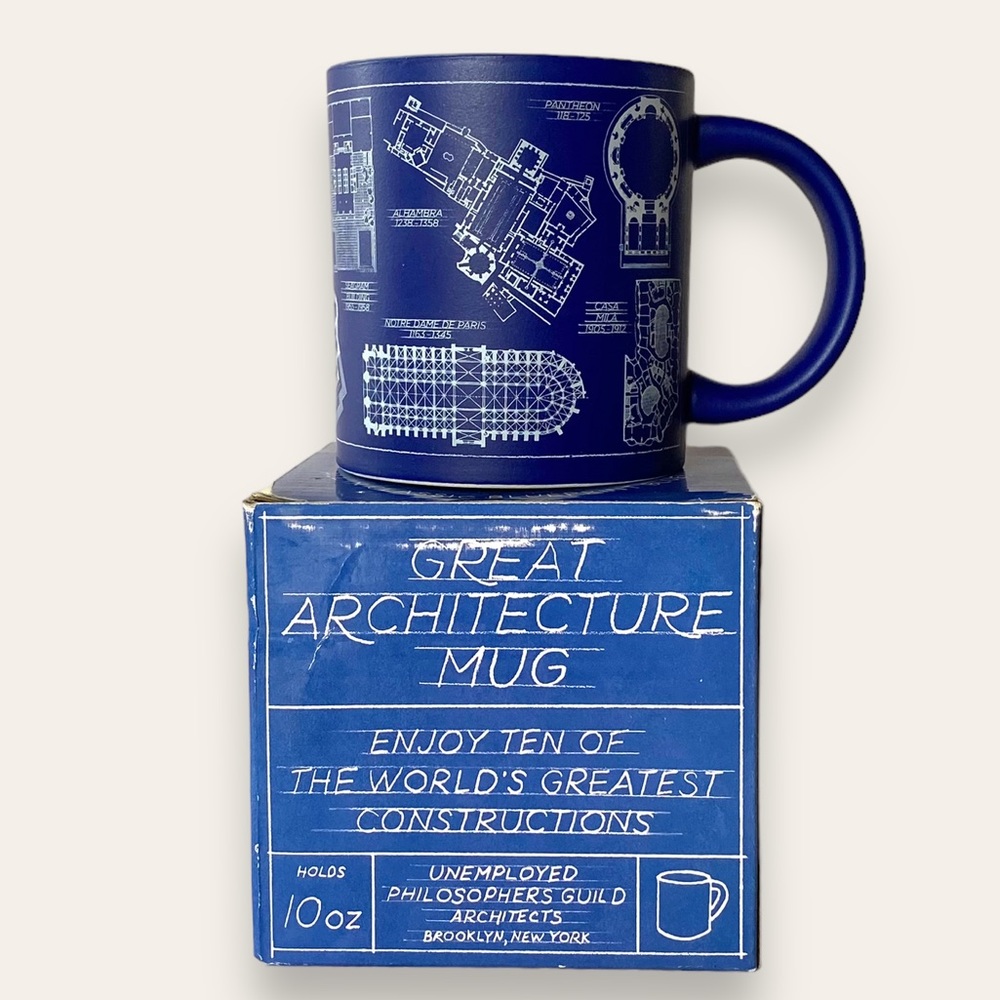NIB The Unemployed Philosophers Guild Architecture Coffee Mug Blueprint Drawings